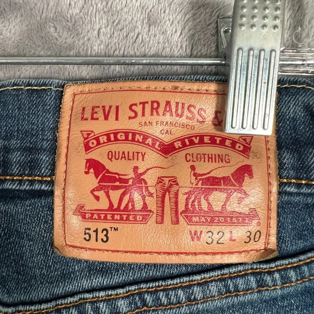Levis 513 Slim Straight Fit Jeans Mens 32x30 Blue Denim Stretch Low Rise